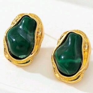 NEW! Gold Plated Cabochon Oval Green Stone Post Earrings